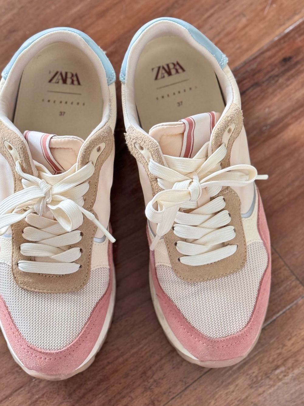 Zara Cream, Pink & Tan Suede-Trim Low-Top Sneakers